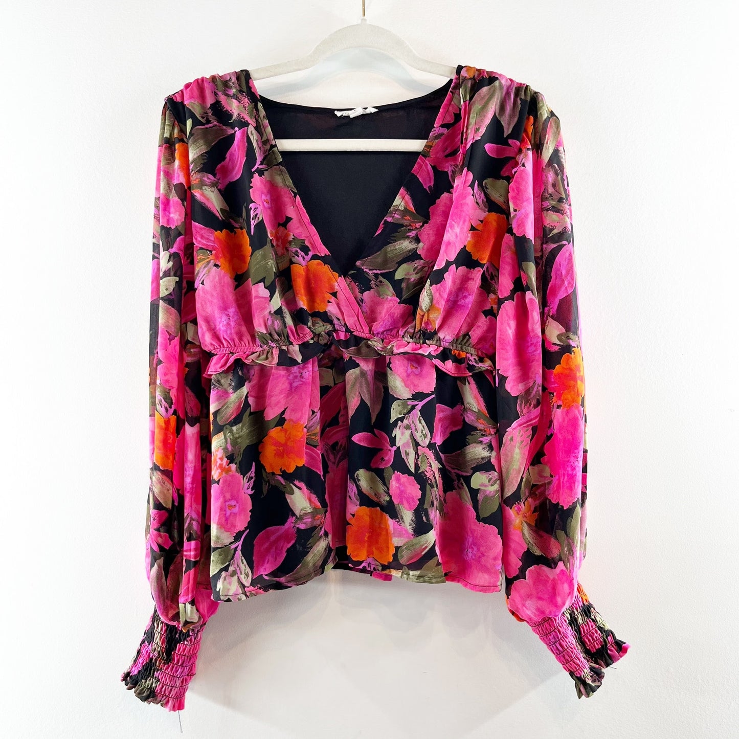 Blu Pepper Floral Print Long Sleeve Ruffle Trim Surplice Neck Blouse Pink Large