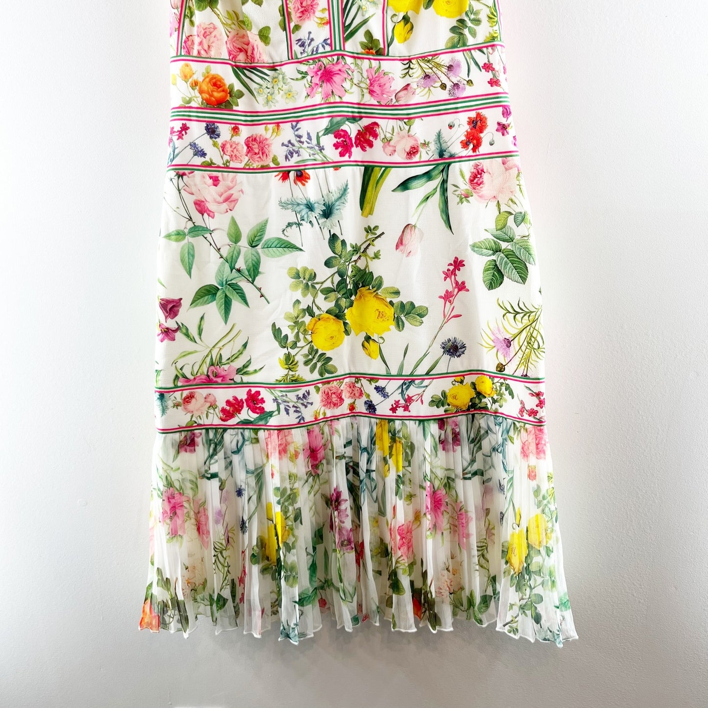 Tadashi Shoji V Neck Pleated Hem Floral Olga Dress White 10