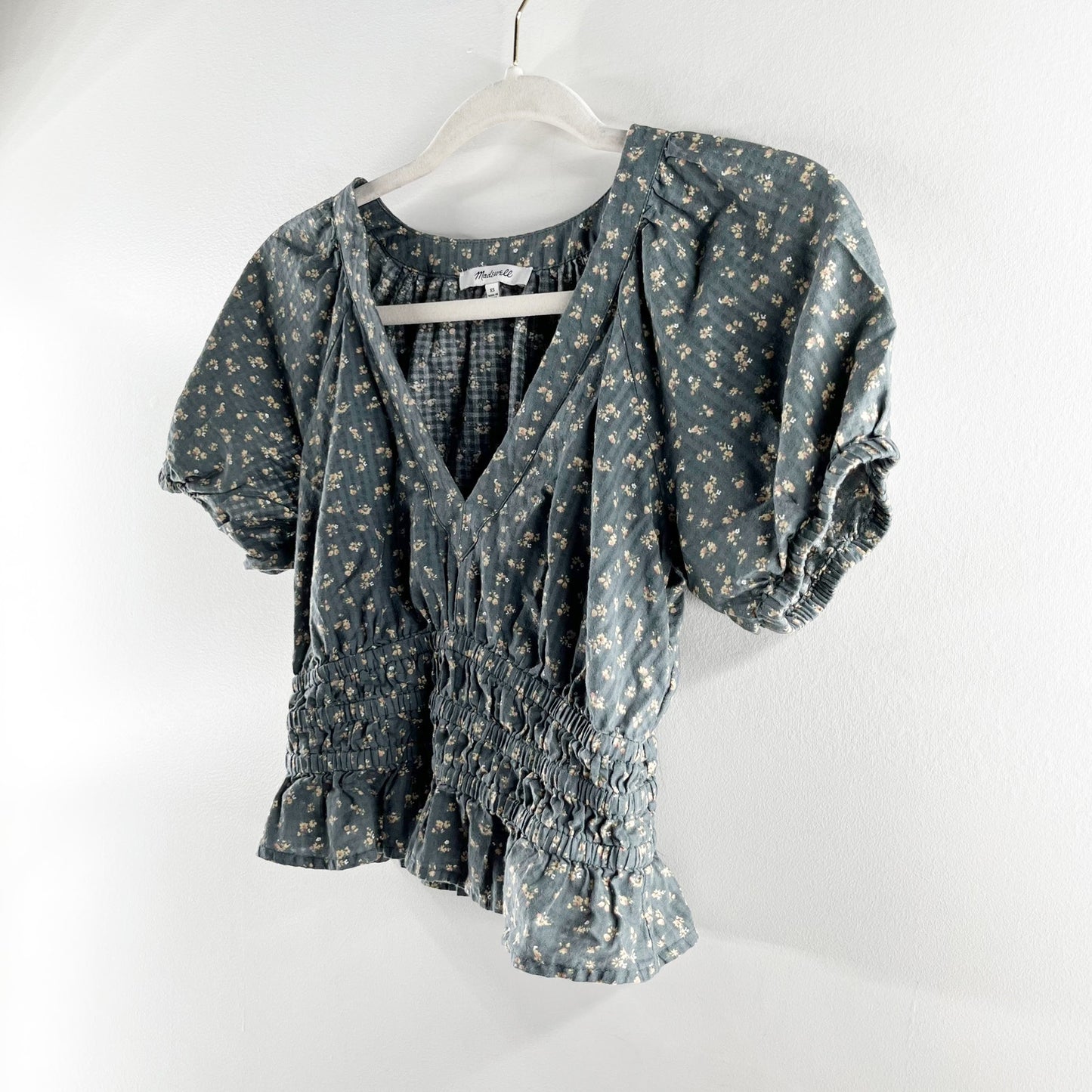 Madewell Poplin Puff-Sleeve Smocked Crop Top in Bitsy Bouquet Green XS