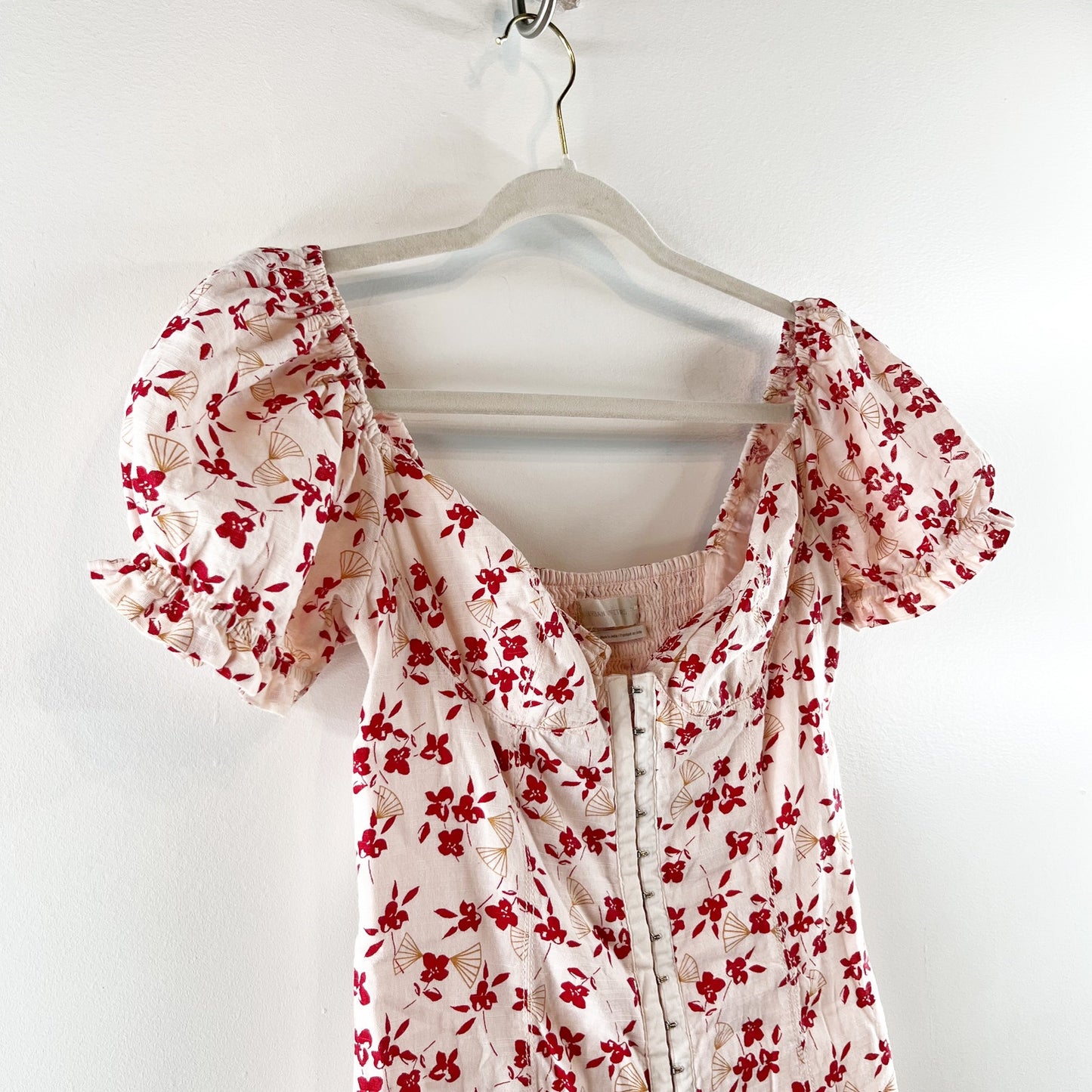 Urban Outfitters Britney Hook & Eye Puff Short Sleeve Mini Dress White Red Small