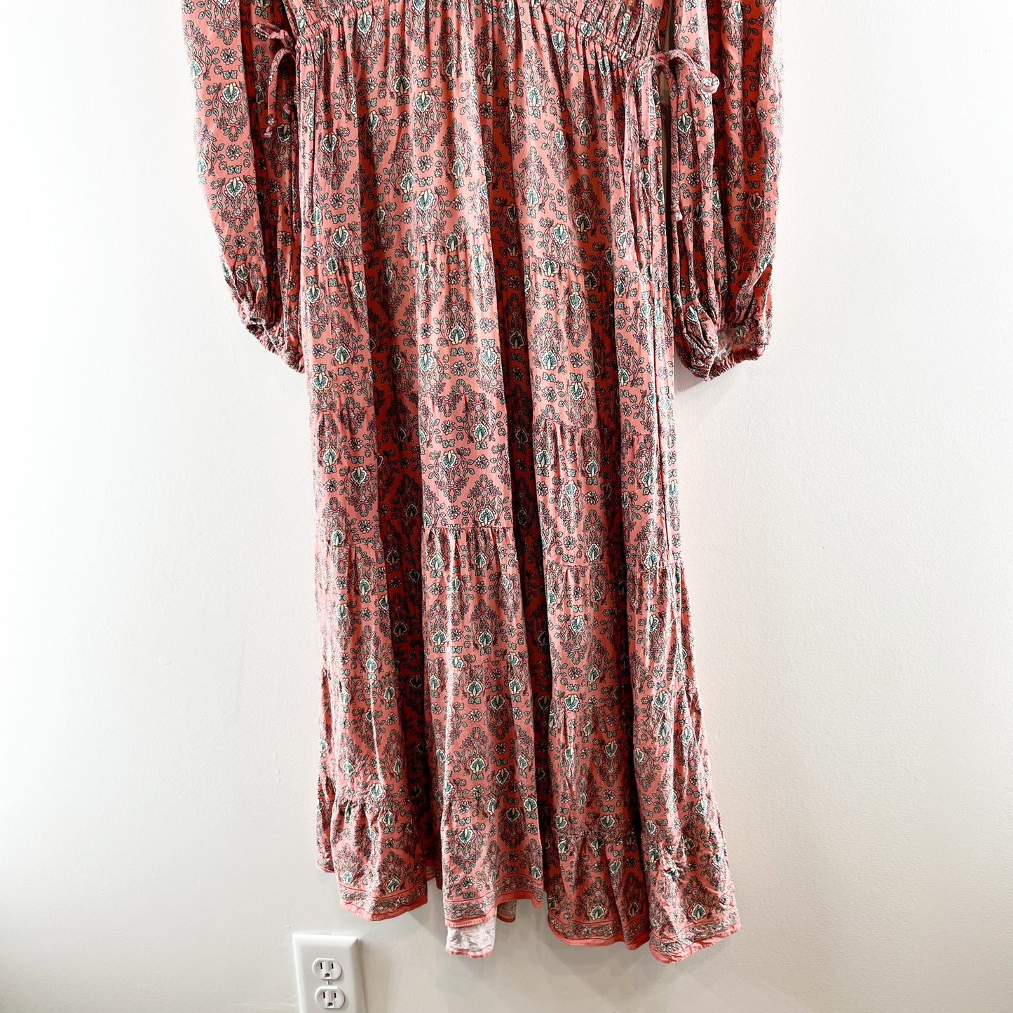 Max Studio Long Sleeve V Neck Printed Midi Dress Maroon Red Small