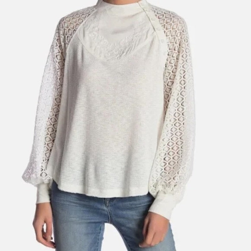 Free People Sweetest Thing Thermal Sheer Crochet Sleeve Top White Medium
