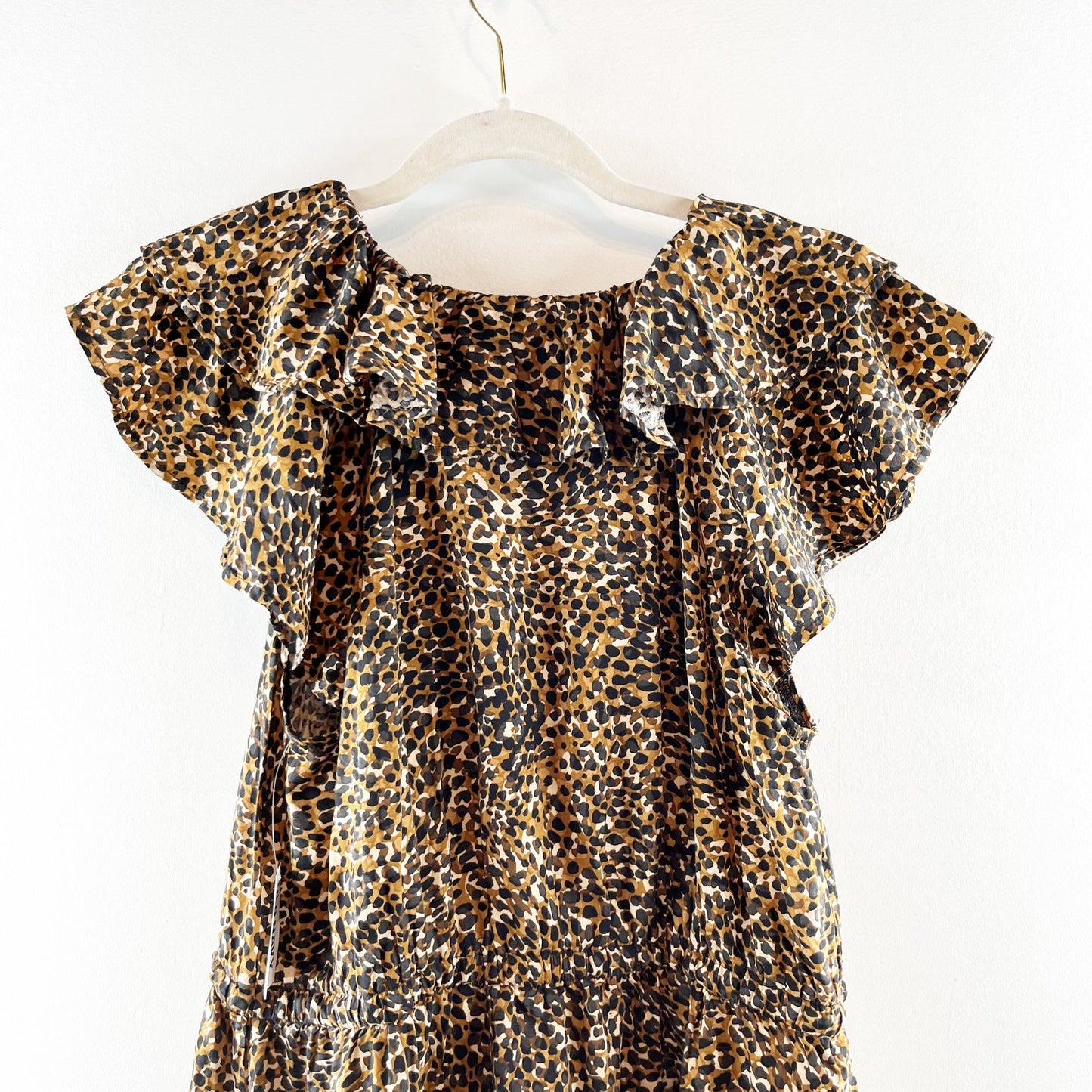 Old Navy Waist Defined Ruffle Trim Mini Dress Leopard Wild Spots Brown Large