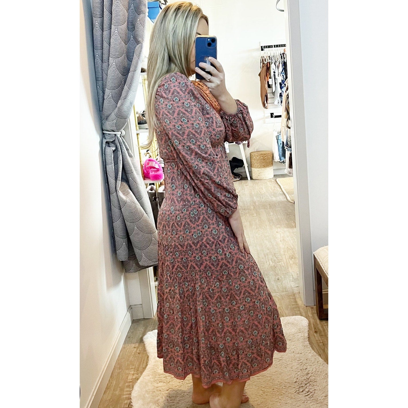 Max Studio Long Sleeve V Neck Printed Midi Dress Maroon Red Small
