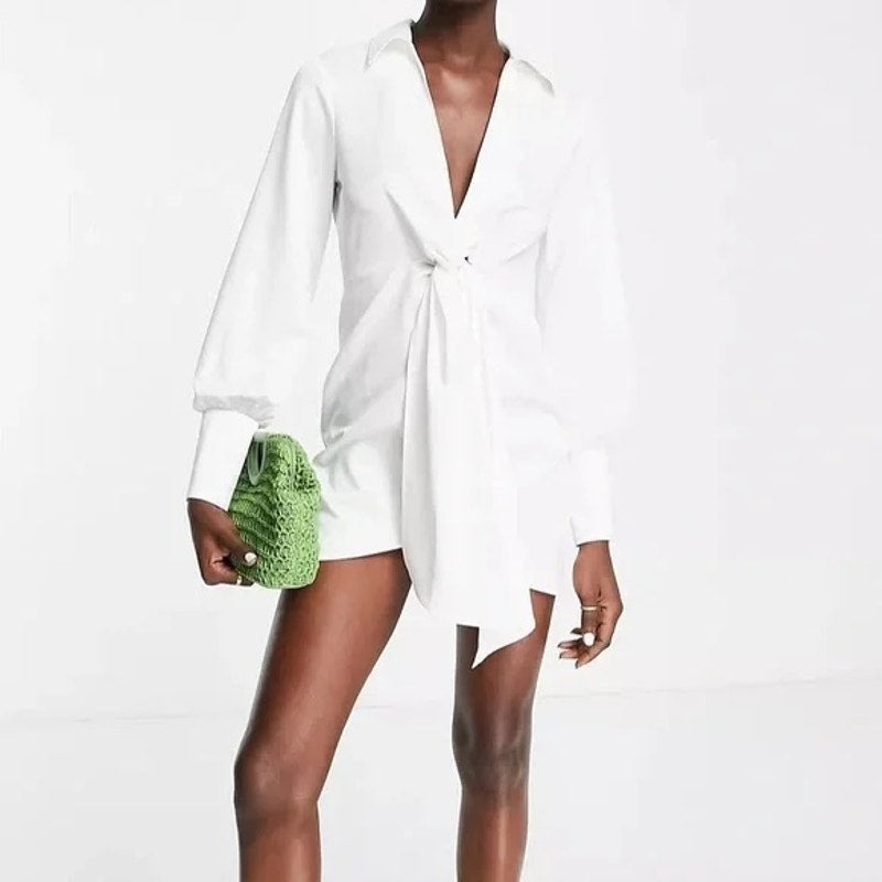Topshop Long Sleeve Mini Twist Front Satin Shirt Dress White 12