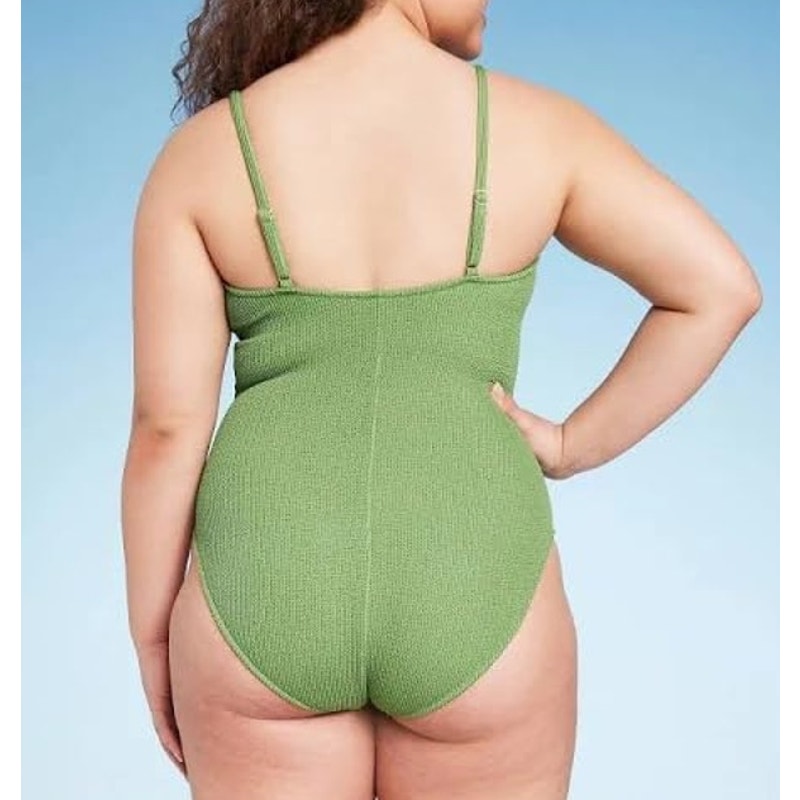 Shade & Shore Square Neck Textured One Piece Swimsuit Green Large