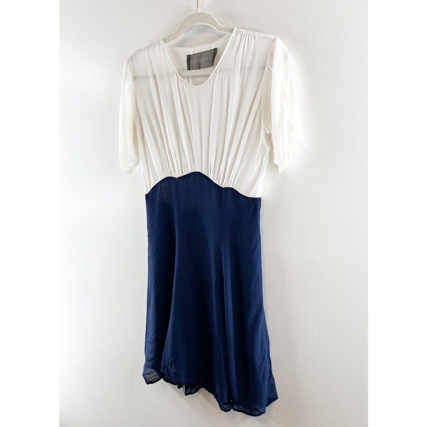 Reformation Chiffon Colorblock Short Sleeve Mini Dress White Navy Blue Medium