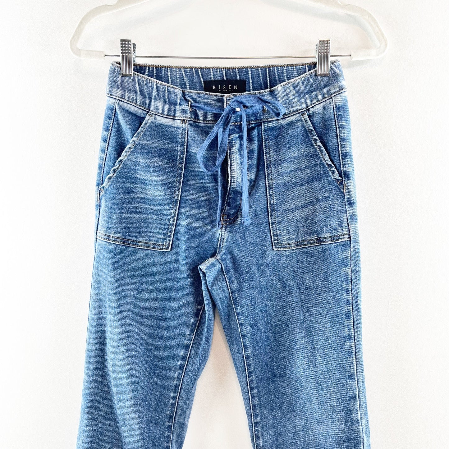 Risen Denim Mid Rise Flare Jeans With Drawstring and Front Pockets Blue 5 / 27