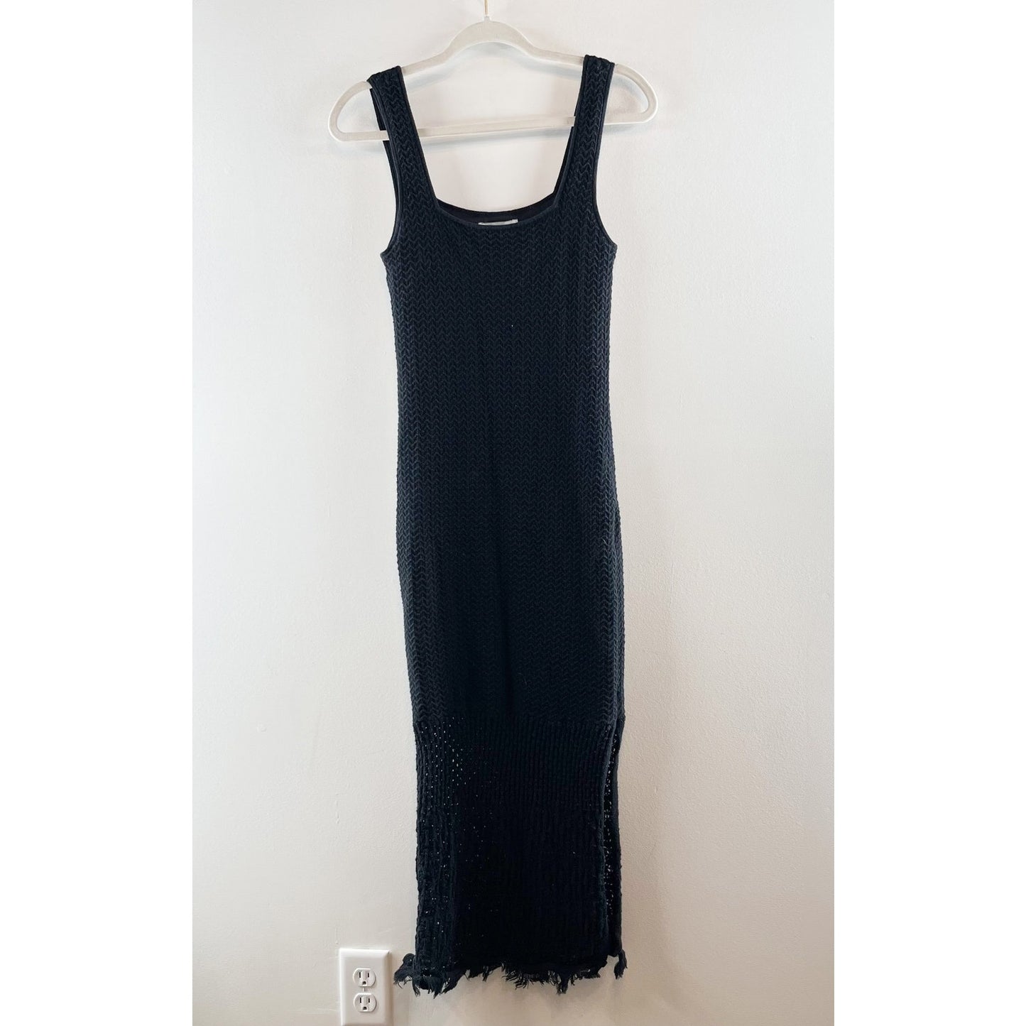 House of Harlow Knit Crochet Fringe Hem Midi Dress Black Small