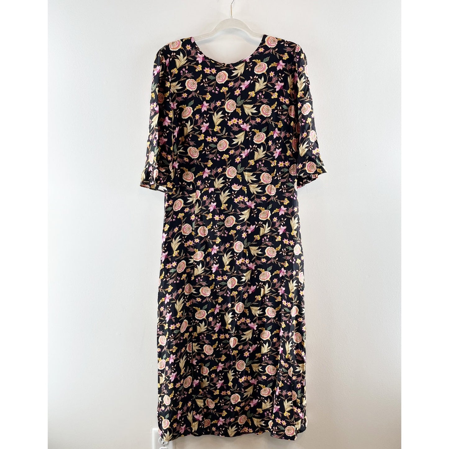 LOFT Floral Print Ruffle Sleeve Side Slit Viscose Shift Midi Dress Black 12