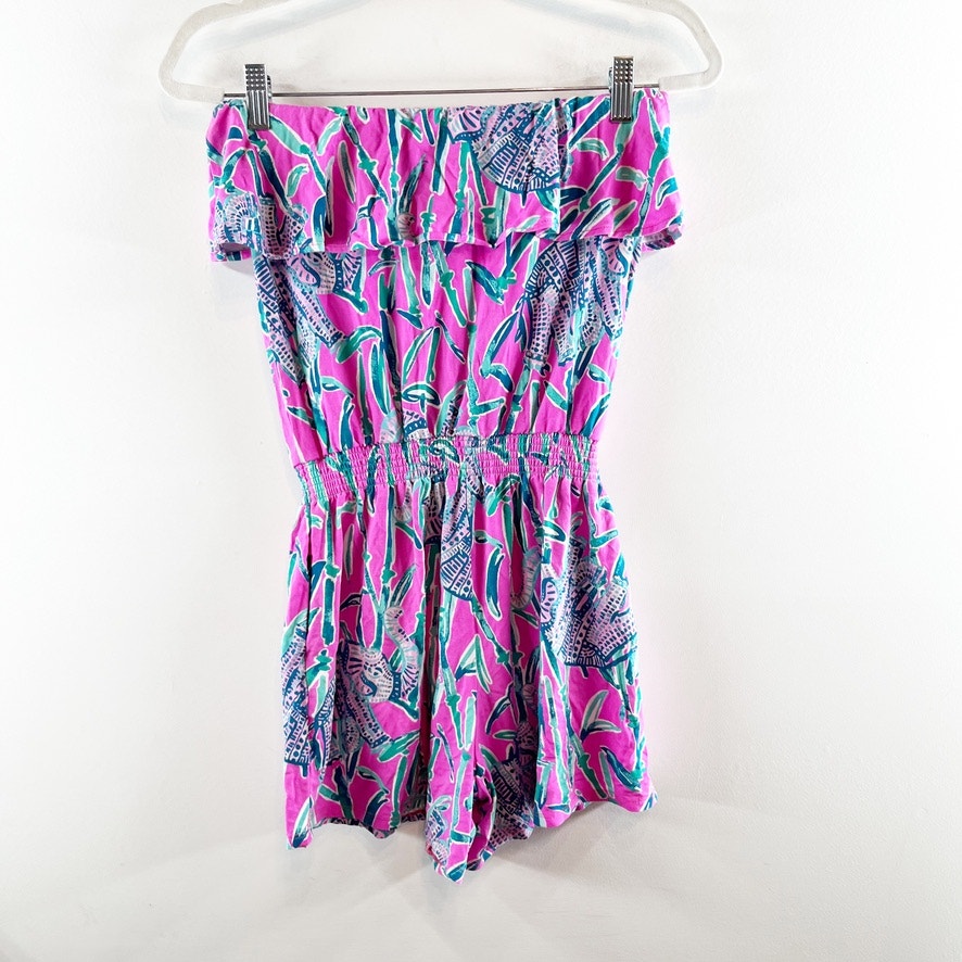 Lilly Pulitzer Anja Tropical Strapless Short Romper Vibrant Pink Turquoise XS
