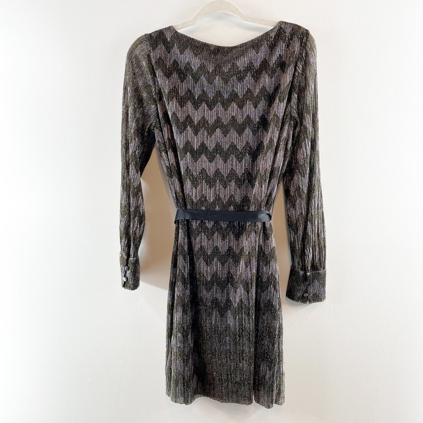 Banana Republic Chevron Belted Bow Mini Shift Dress Metallic Gold Black 4
