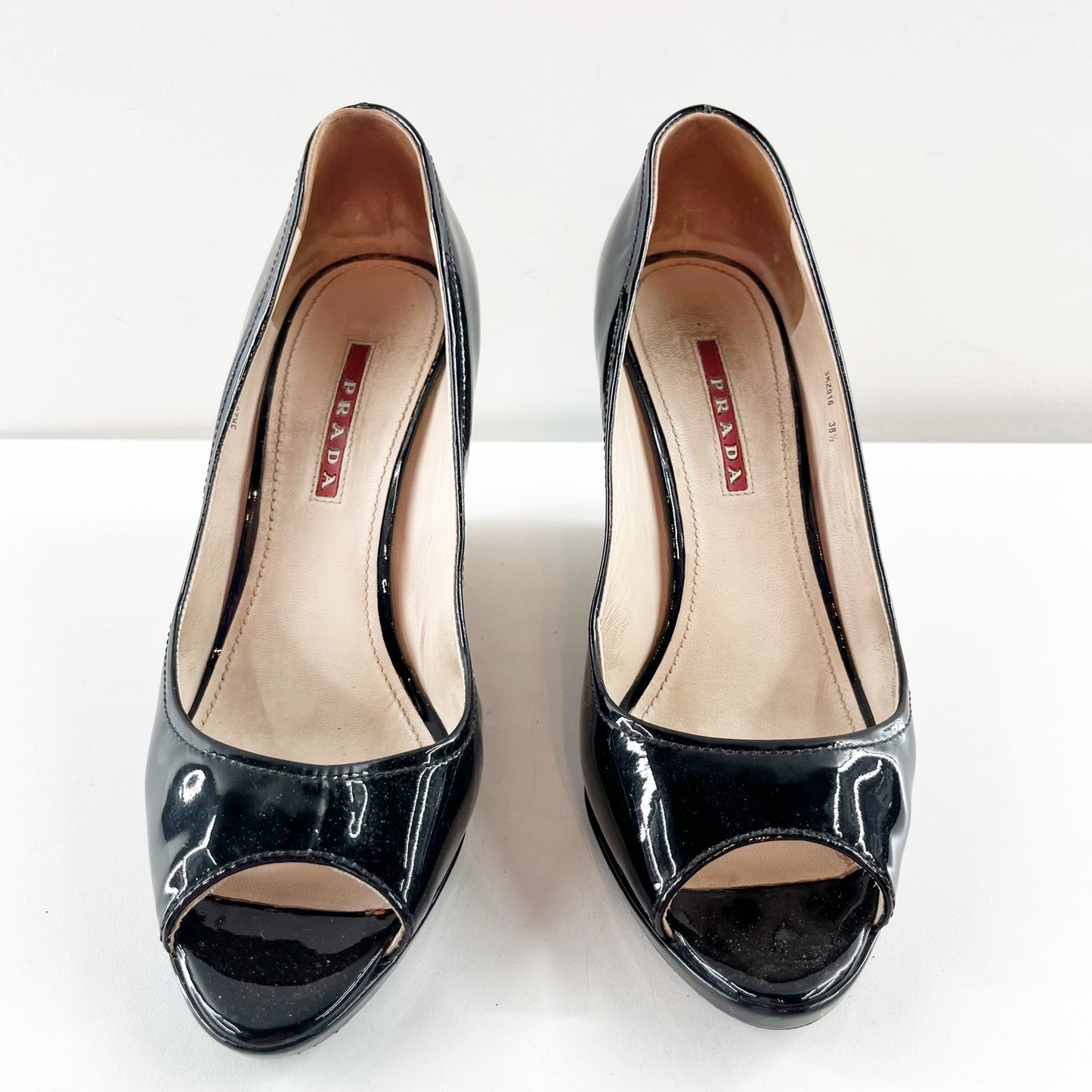 Prada Patent Leather Peep Open Toe Wedge Cork Heels Black 8.5