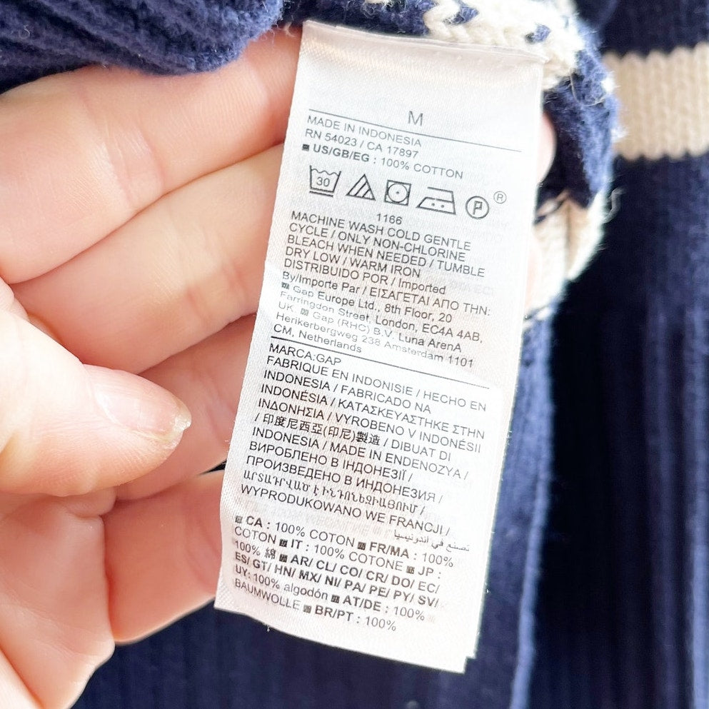 GAP 24/7 Split Hem Striped Long Sleeve Polo Sweater Navy Blue Medium