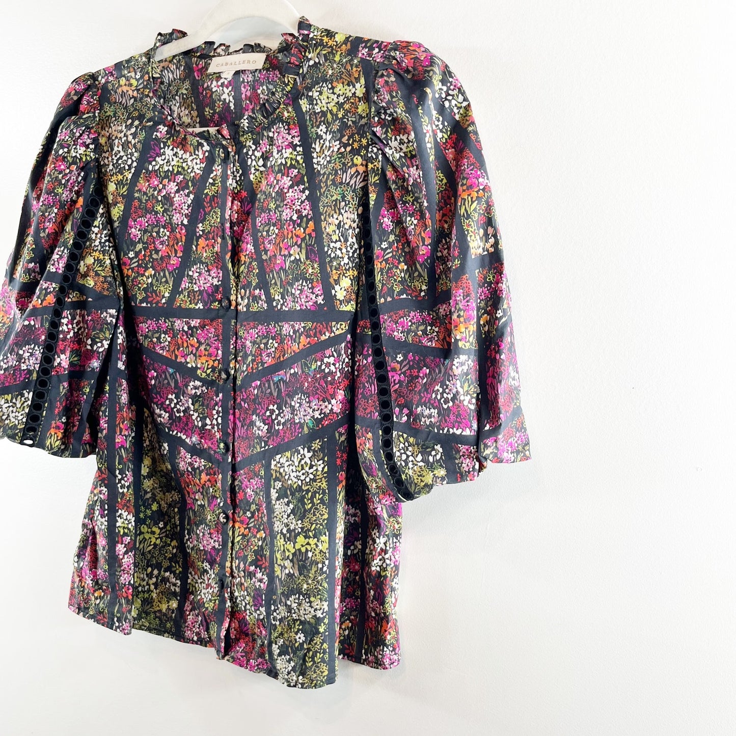 Caballero Celeste Puff Sleeve Floral Print Blouse Top Green Purple Small