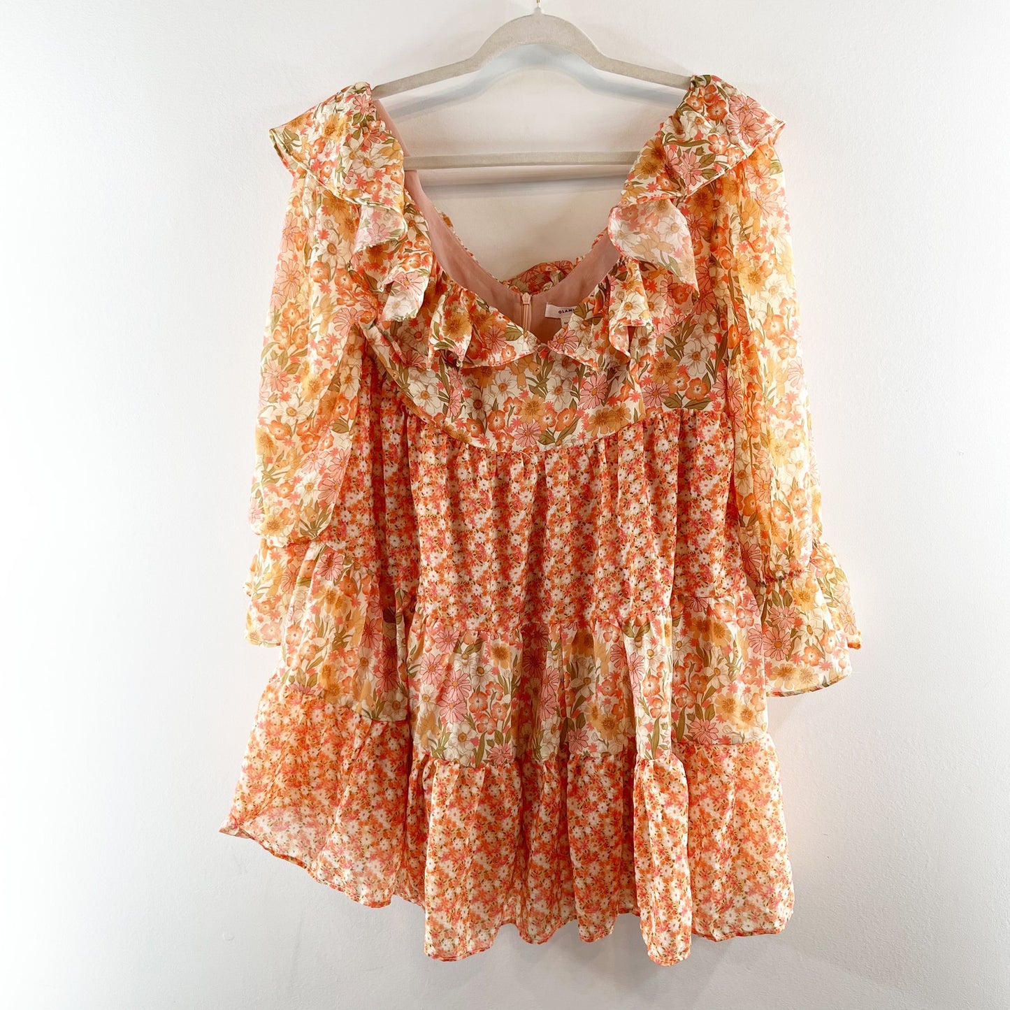 Glamorous Frill Detail Floral Long Sleeve Mini Dress Peach Orange Medium