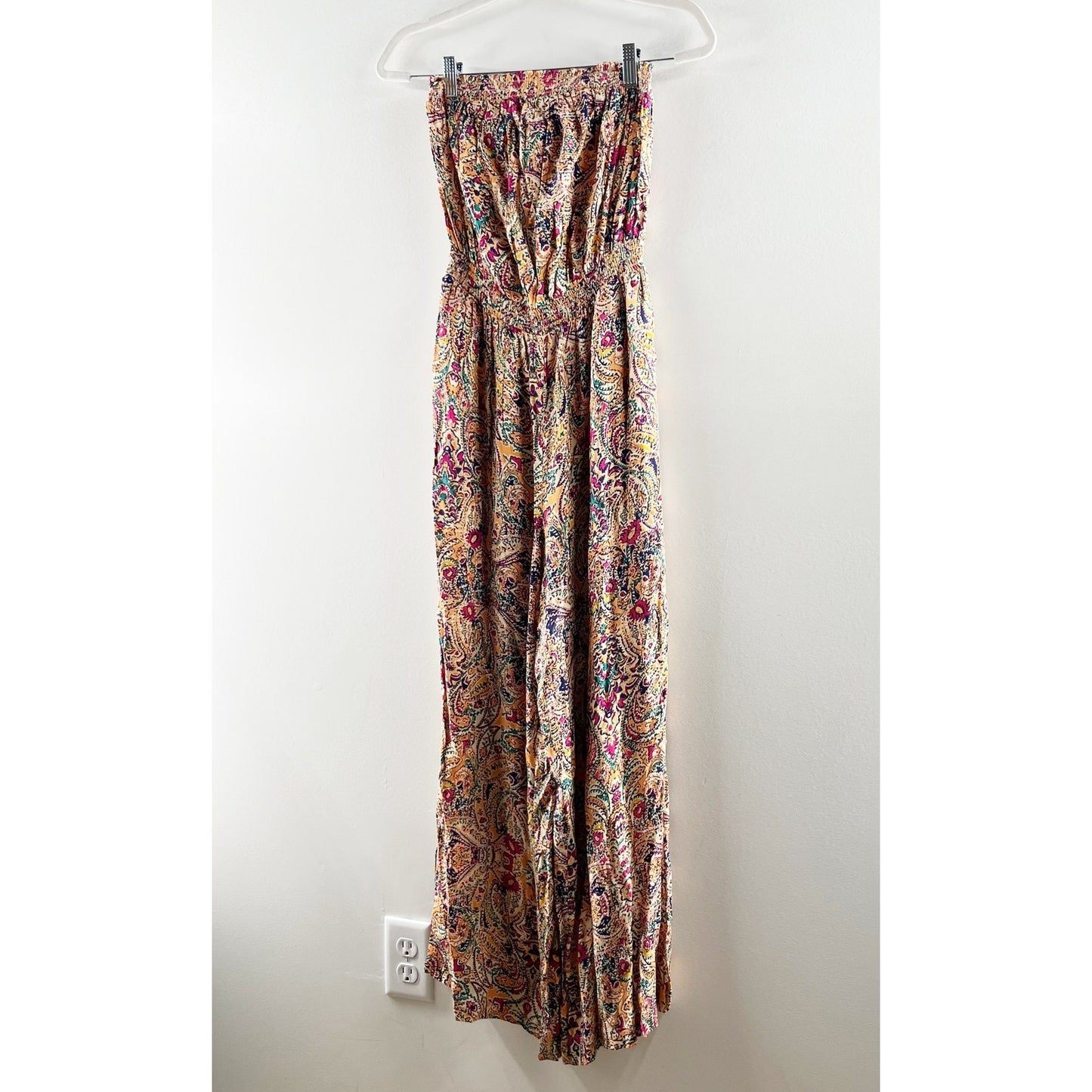 Evereve Strapless Smocked Wide Leg Paisley Print Jumpsuit Orange Red Medium
