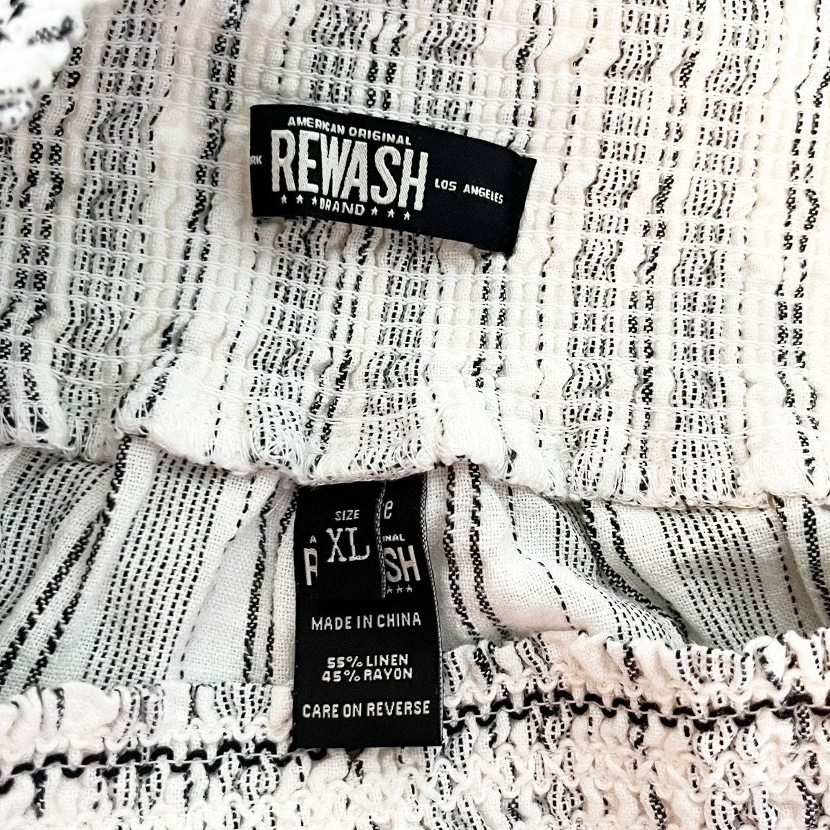 Rewash Smocked Waist Striped Wide Leg Linen Blend Pants White Blue XL