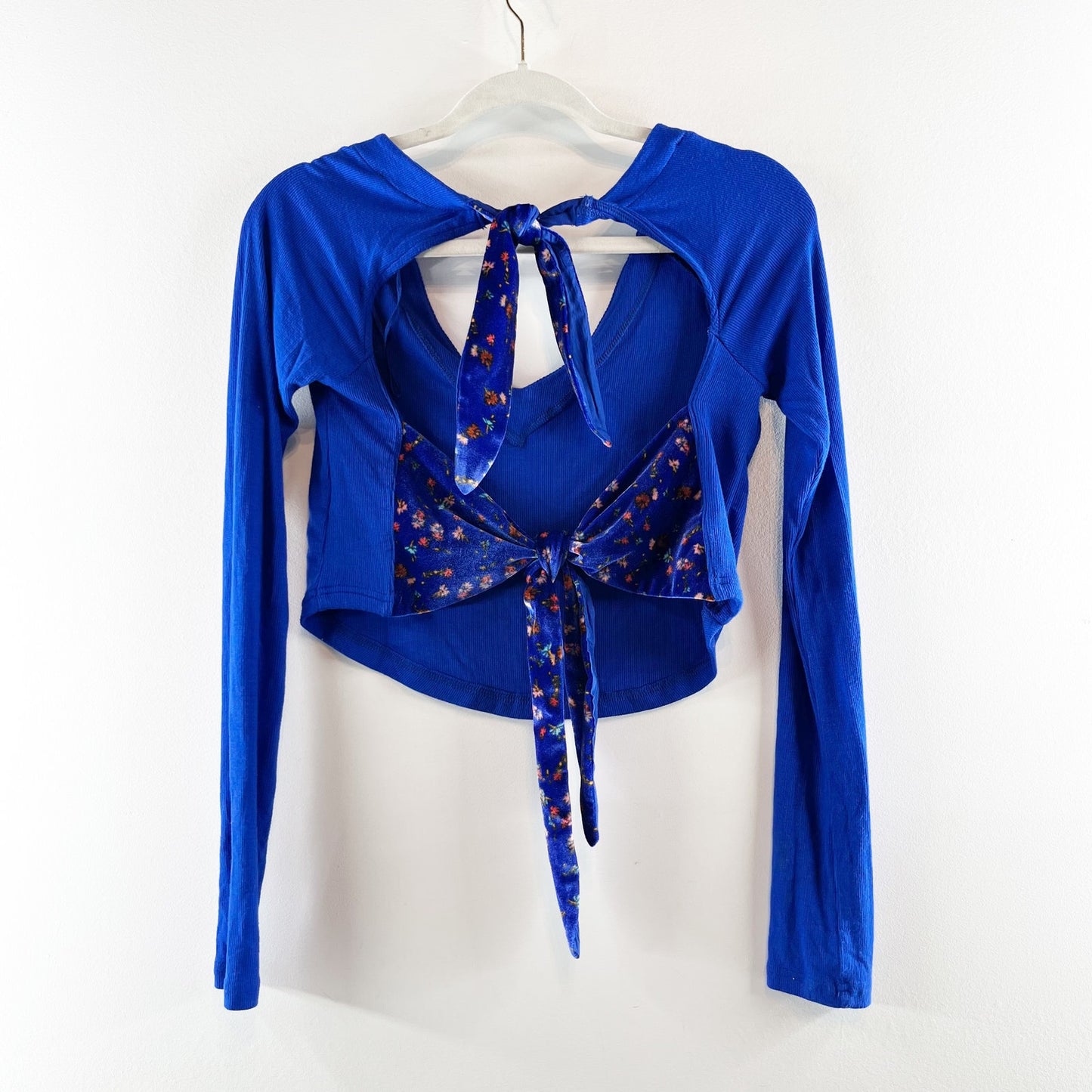 Free People Long Sleeve Looking Forward Back Cutout Tie Crop Top Blue Small