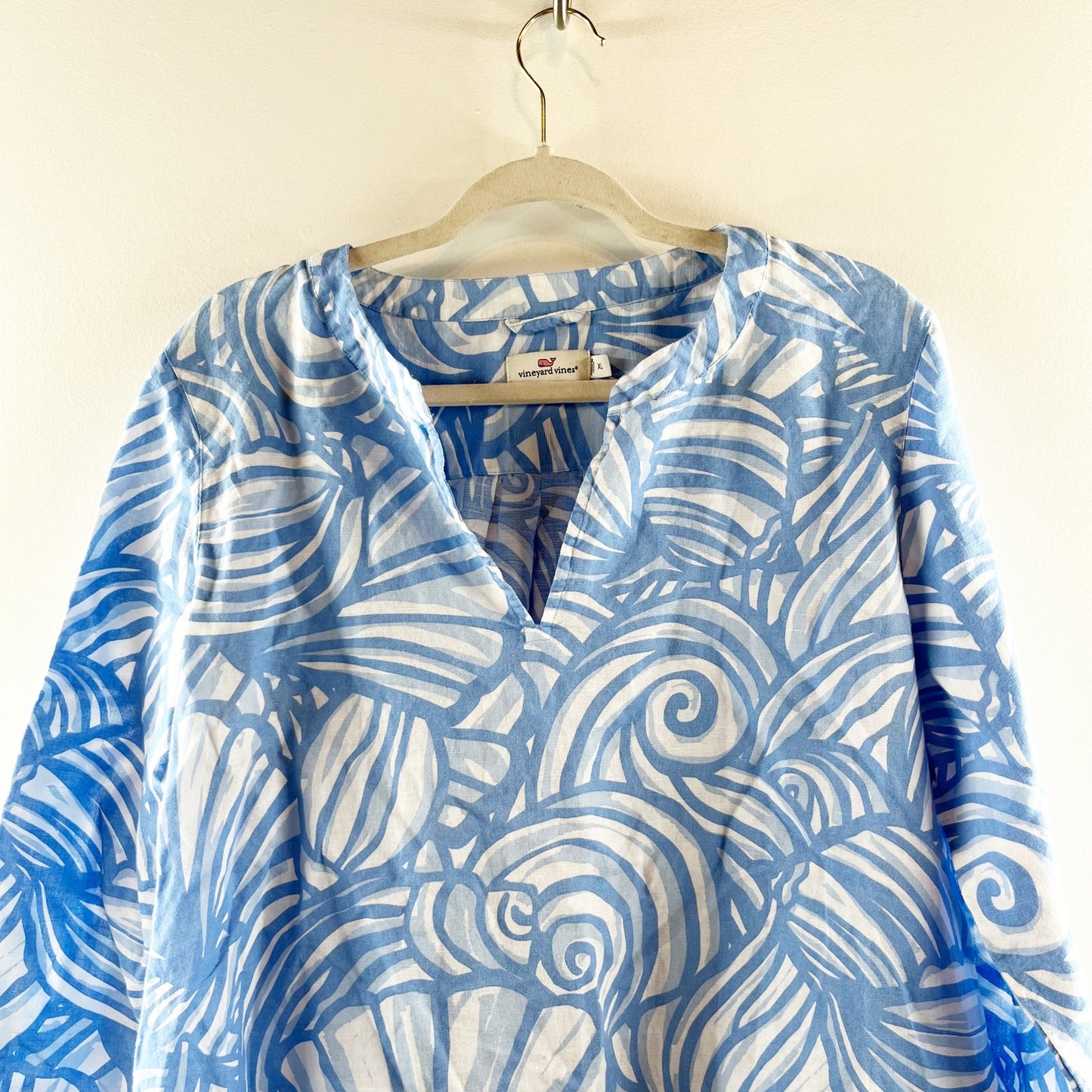 Vineyard Vines Blue and White Nautilus Shell Print Linen Blend Tunic Top XL