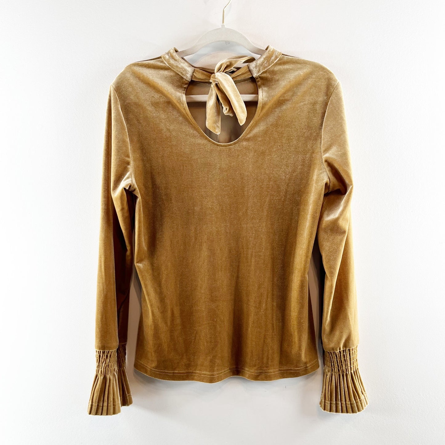 Molly Bracken Velvet Long Sleeve Top with Flare Bell Cuffs Gold Large