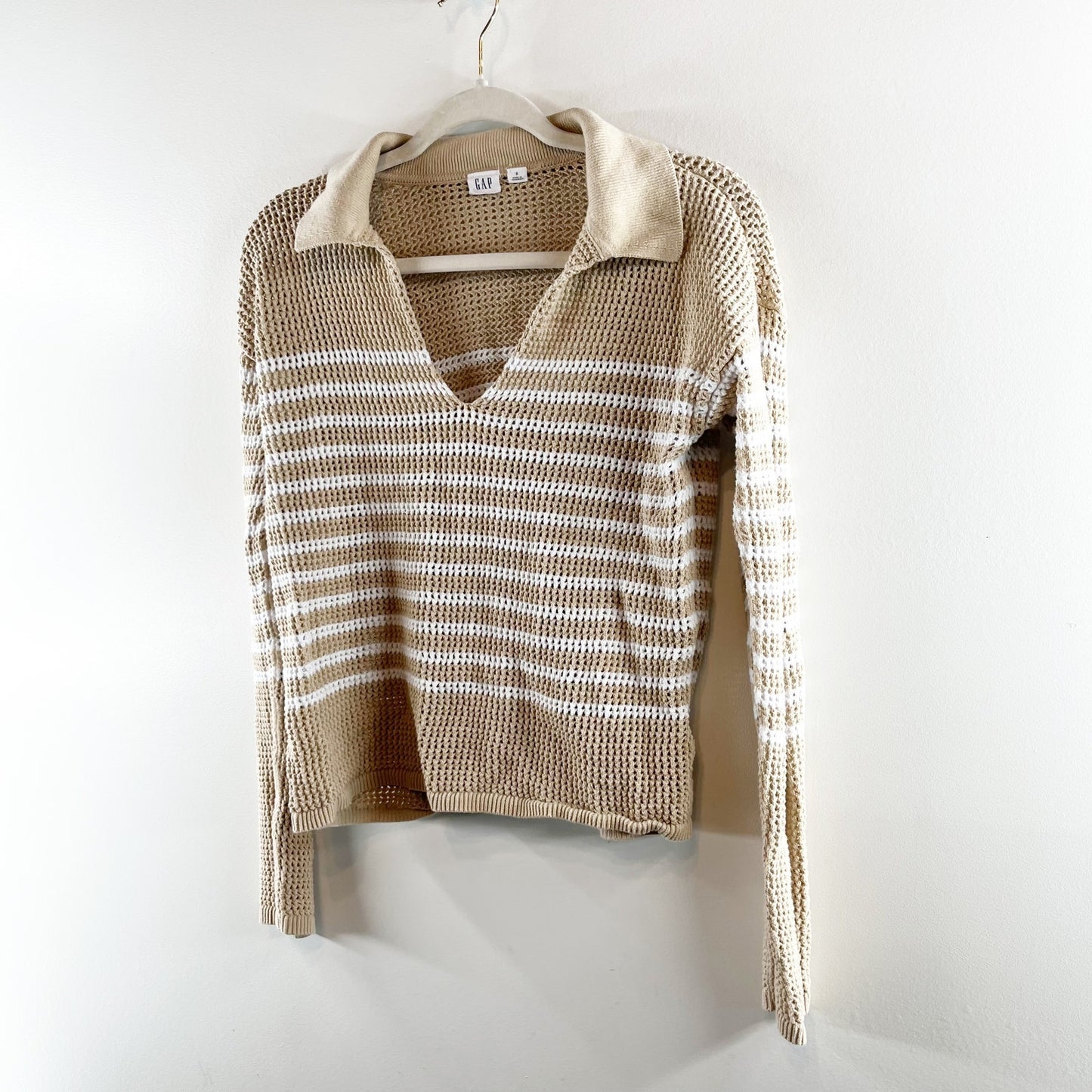 GAP Long Sleeve Crochet Collared Sweater Tan Beige Small