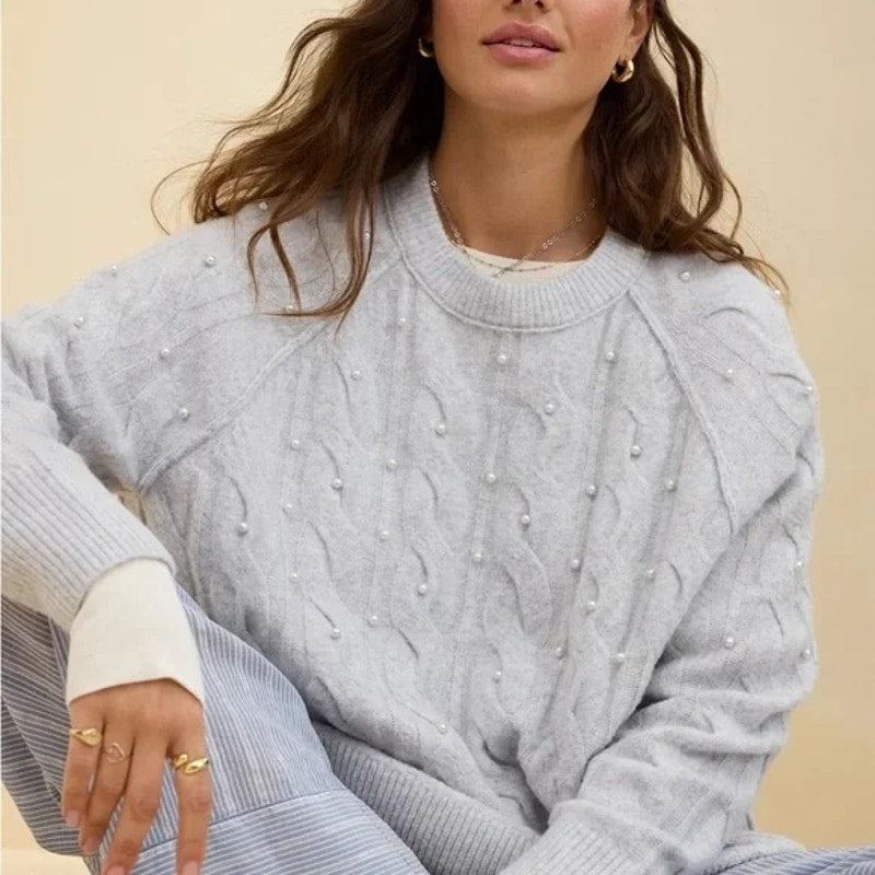 Aerie unReal Crewneck Long Sleeve Cable Pearl Detail Sweater Gray Large