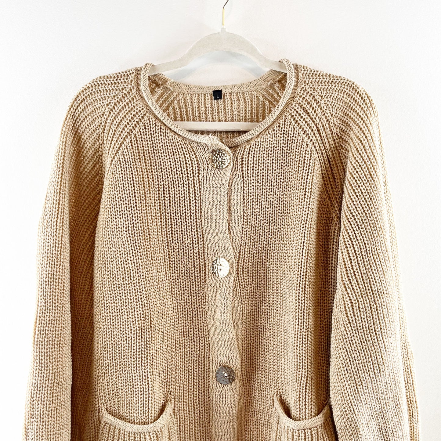 Chunky Long Sleeve Gold Button Cardigan Sweater Tan Beige Large
