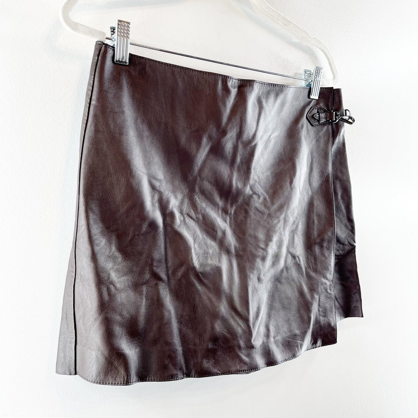 Massimo Dutti Nappa Leather Wrap Mini Skirt Skort Brown Large