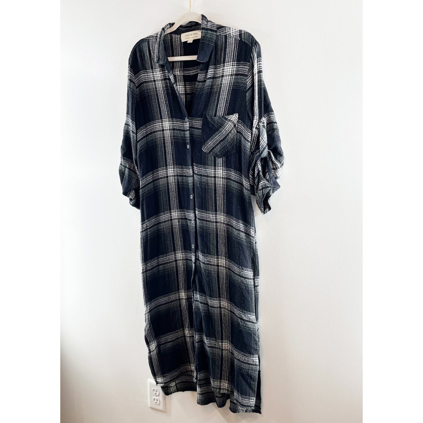 Cloth & Stone Cotton Plaid Flannel Button Up Midi Shirt Dress Black Gray Small