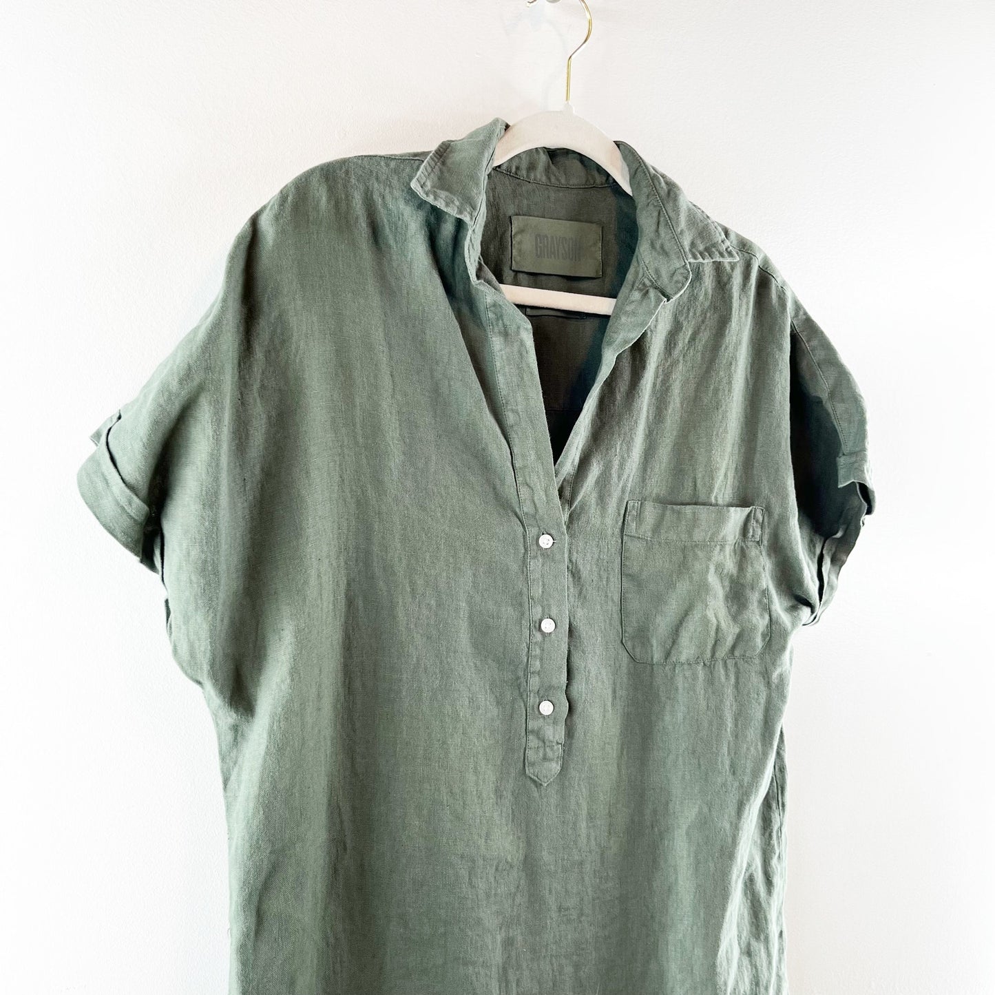 Grayson Linen Short Sleeve Mini Shirt Dress Green 2 / Small