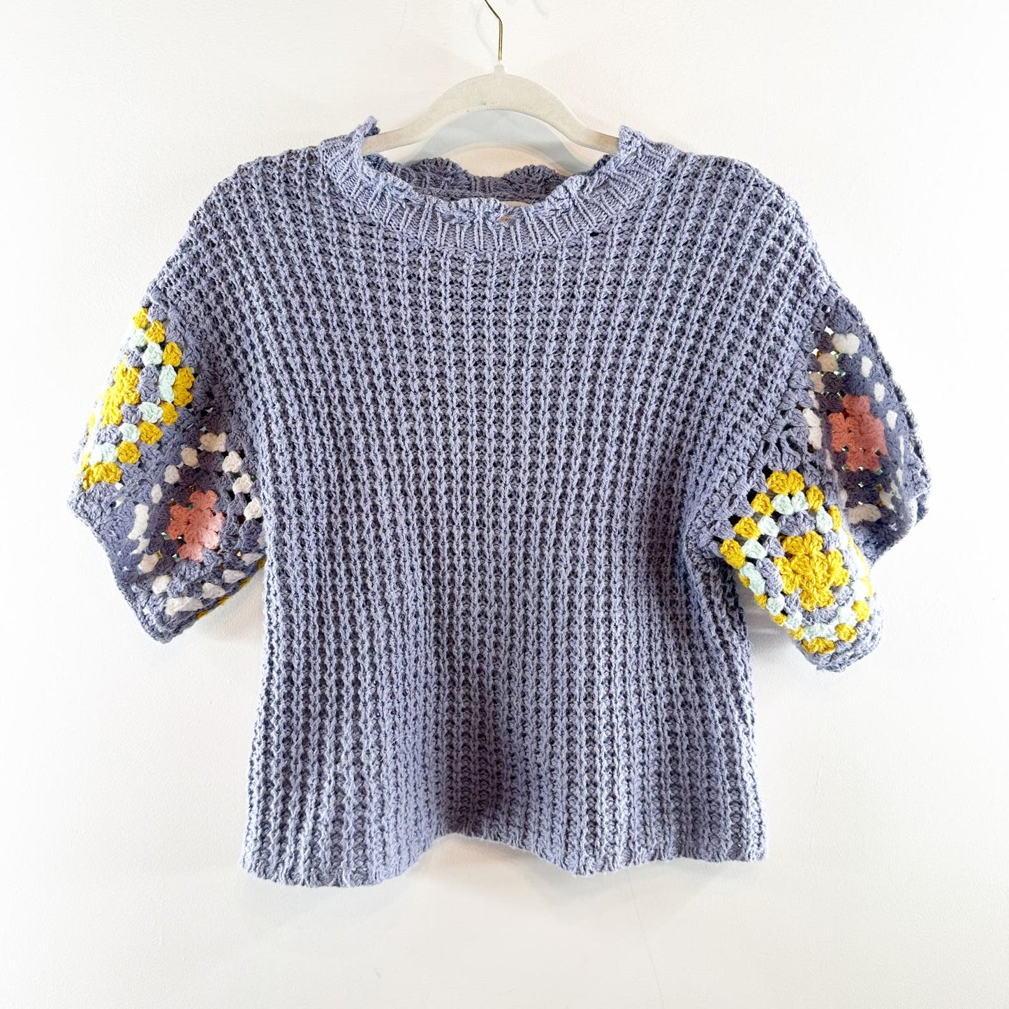 Universal Thread Short Sleeve Granny Square Crochet Knit Cropped Sweater Blue S