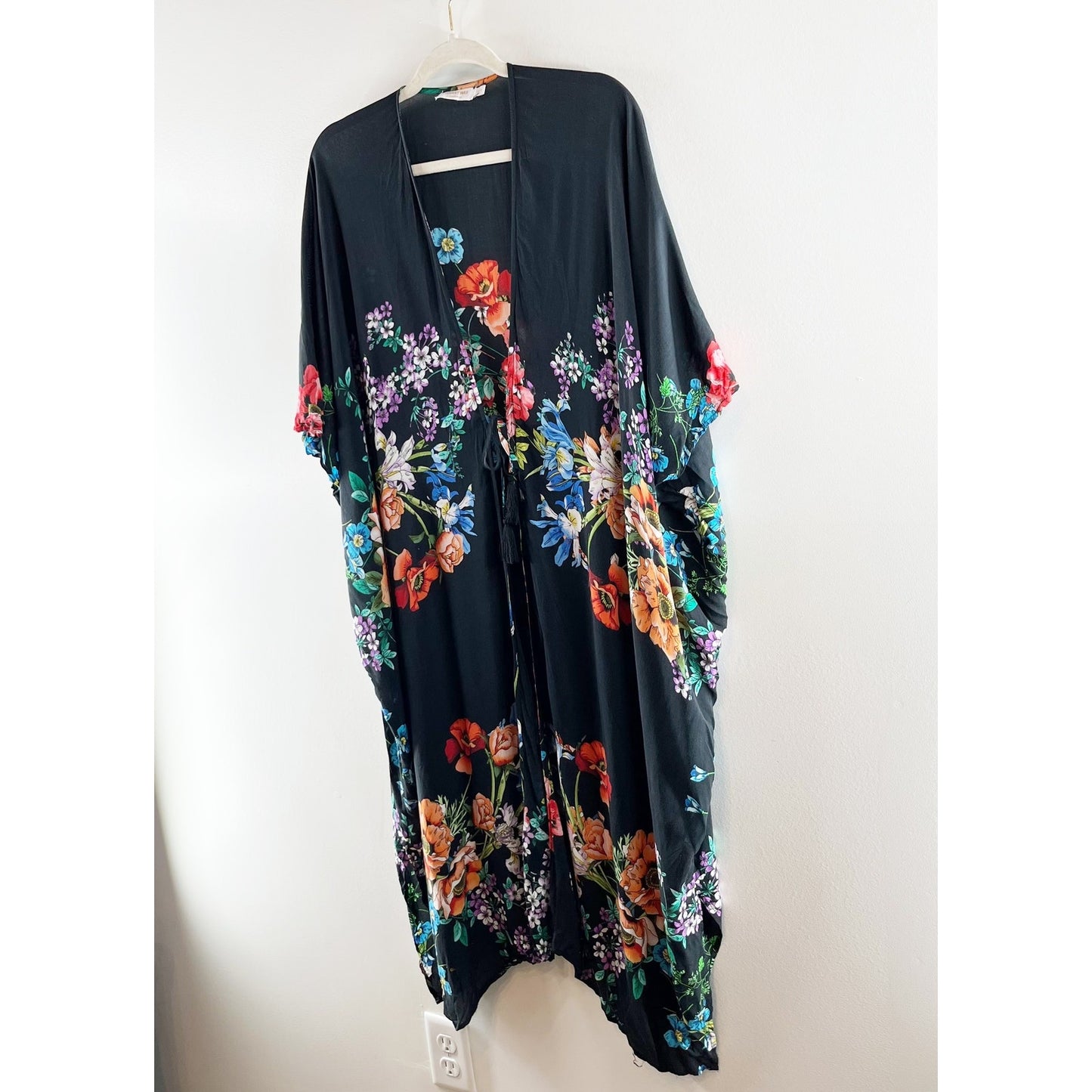 Johnny Was Flower Arch Short Sleeve Midi Kaftan Kimono Cover Up Dress Black S/M
