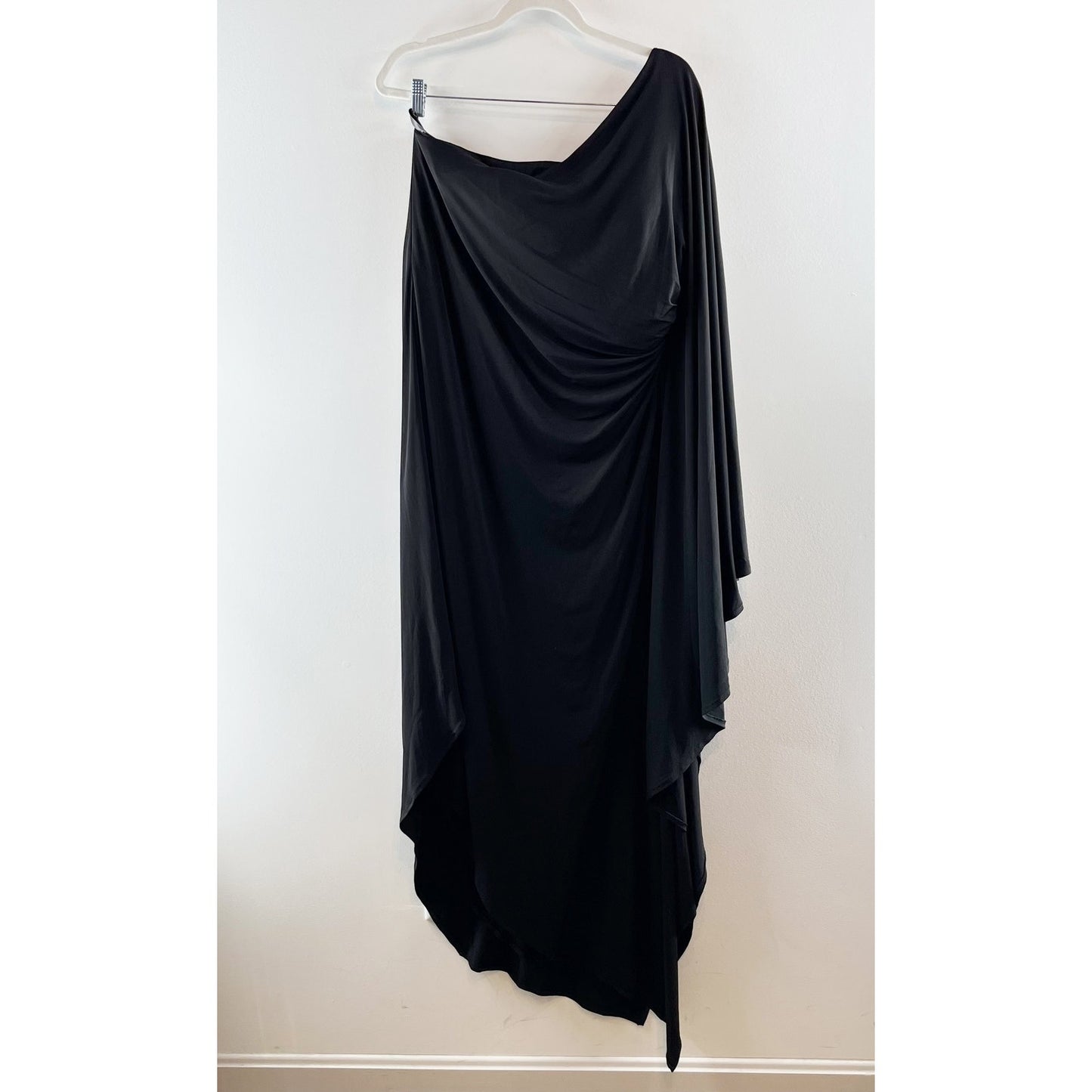 Ieena for MacDuggal One Shoulder Cape Sleeve Ruched Jersey Gown Dress Black L