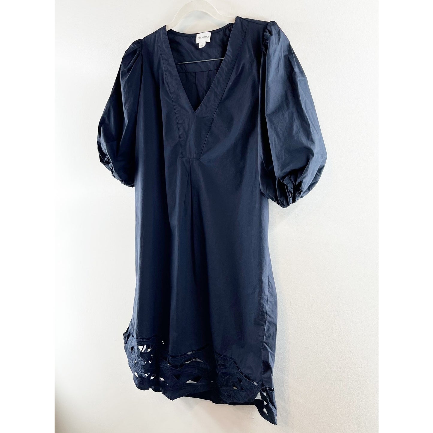 ForCynthia Puff Sleeve V Neck Tunic Cotton Poplin Mini Dress Navy Blue Large