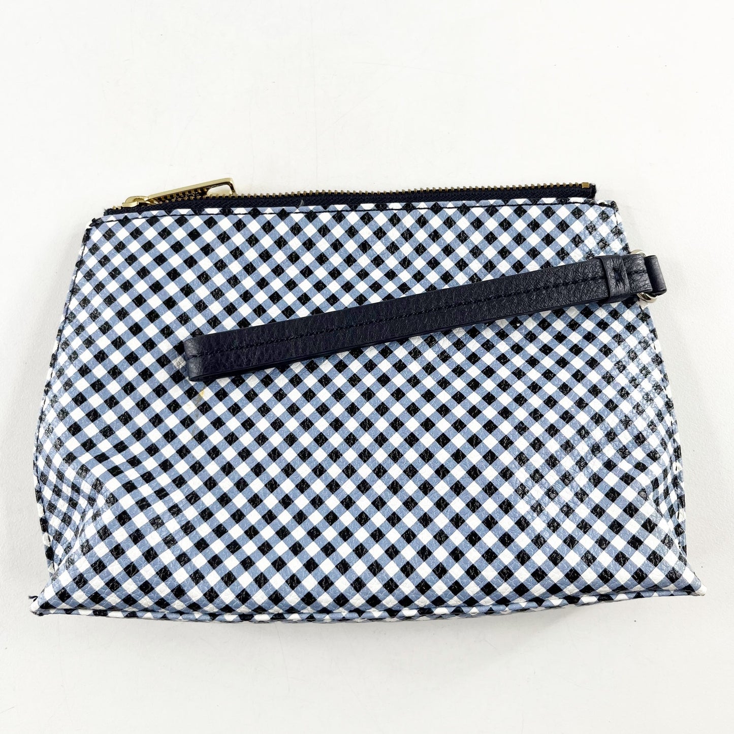 Talbots Leather Gingham Print Zip Top Pouch Wristlet Wallet Blue White