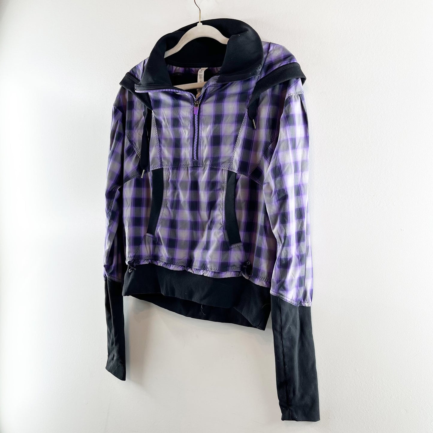Lululemon Run Reflection 1/2 Zip Long Sleeve Plaid Hoodie Jacket Purple Black 10