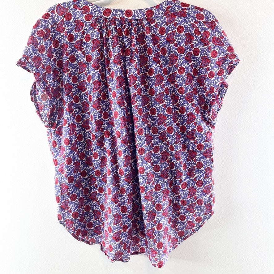 Xirena Short Sleeve Cotton Printed Sam Button Front Top Blouse Purple Red Small
