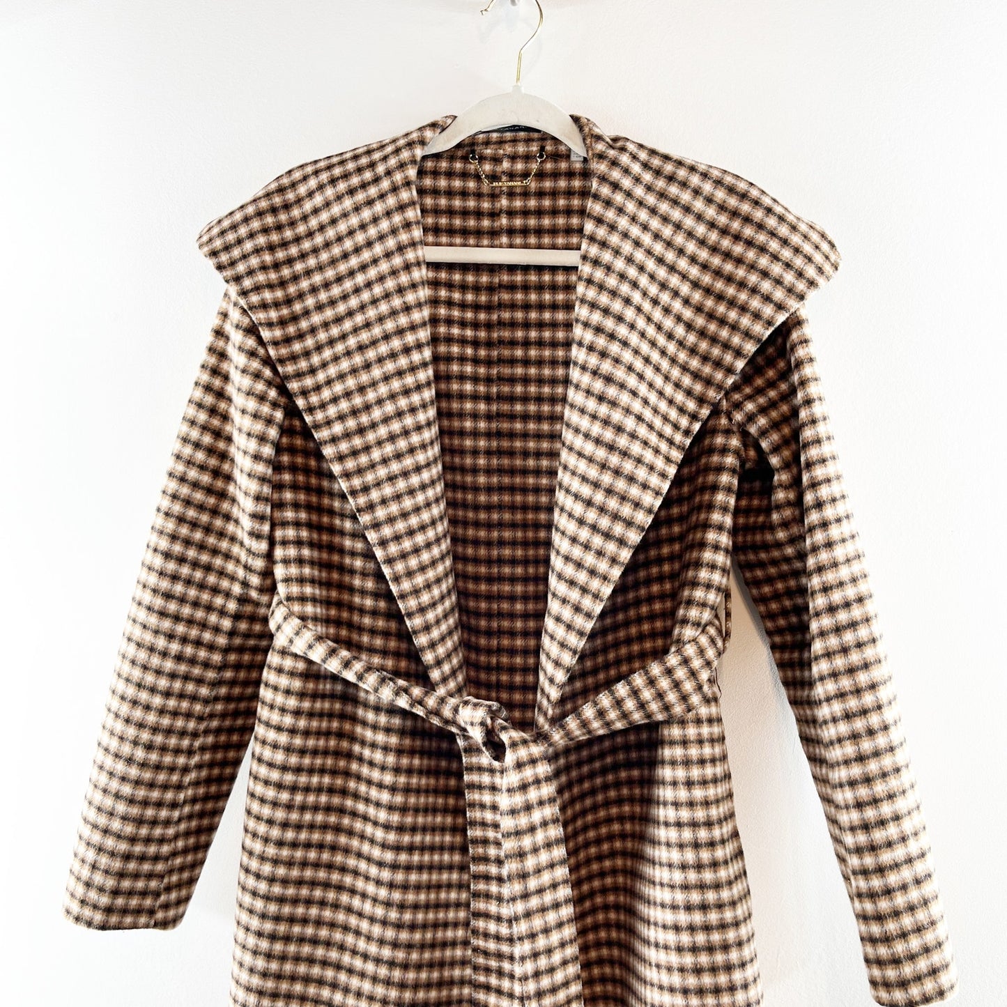 Elie Tahari Vienna Belted Wool Blend Plaid Wrap Coat Jacket Tan Small