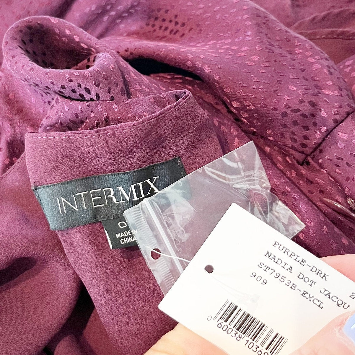 Intermix Nadia Long Sleeve Dot Silk Asymmetrical Mini Dress Purple 0