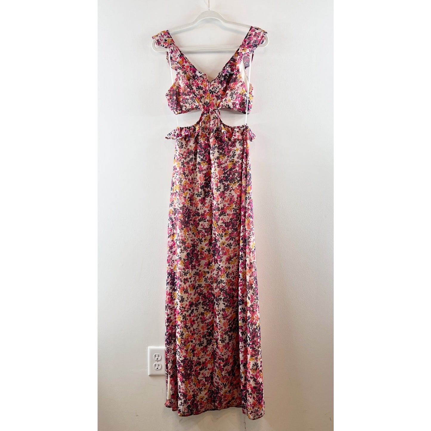 Dee Elly Floral Print Ruffle Trim Cut Out Chiffon Maxi Dress Purple Pink Small