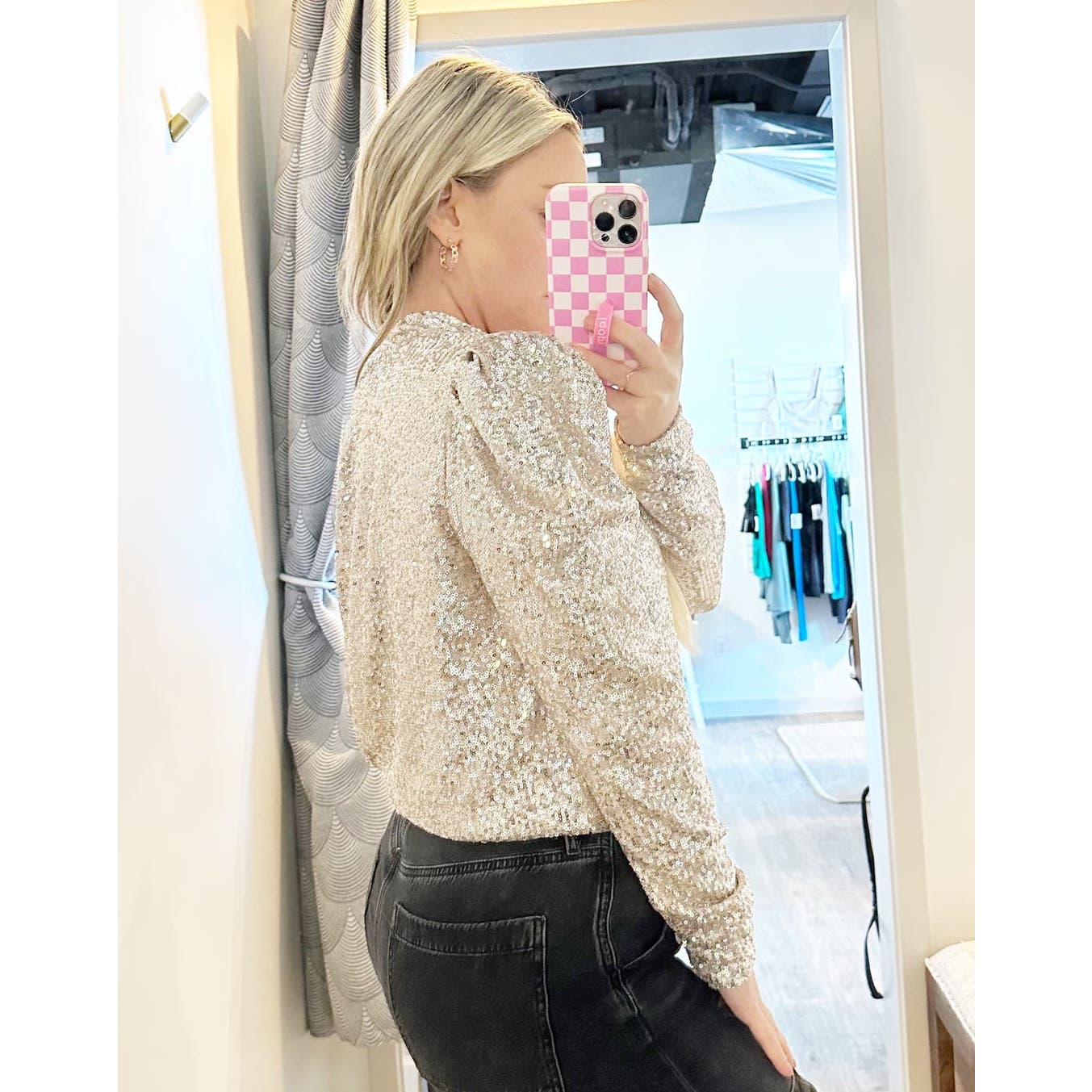 Rachel Zoe Puff Long Sleeve Sequin Open Back Thong Bodysuit Gold Large