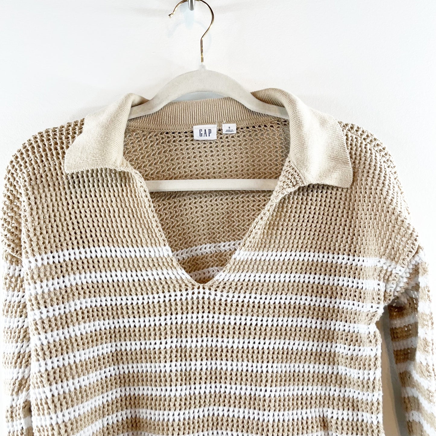 GAP Long Sleeve Crochet Collared Sweater Tan Beige Small