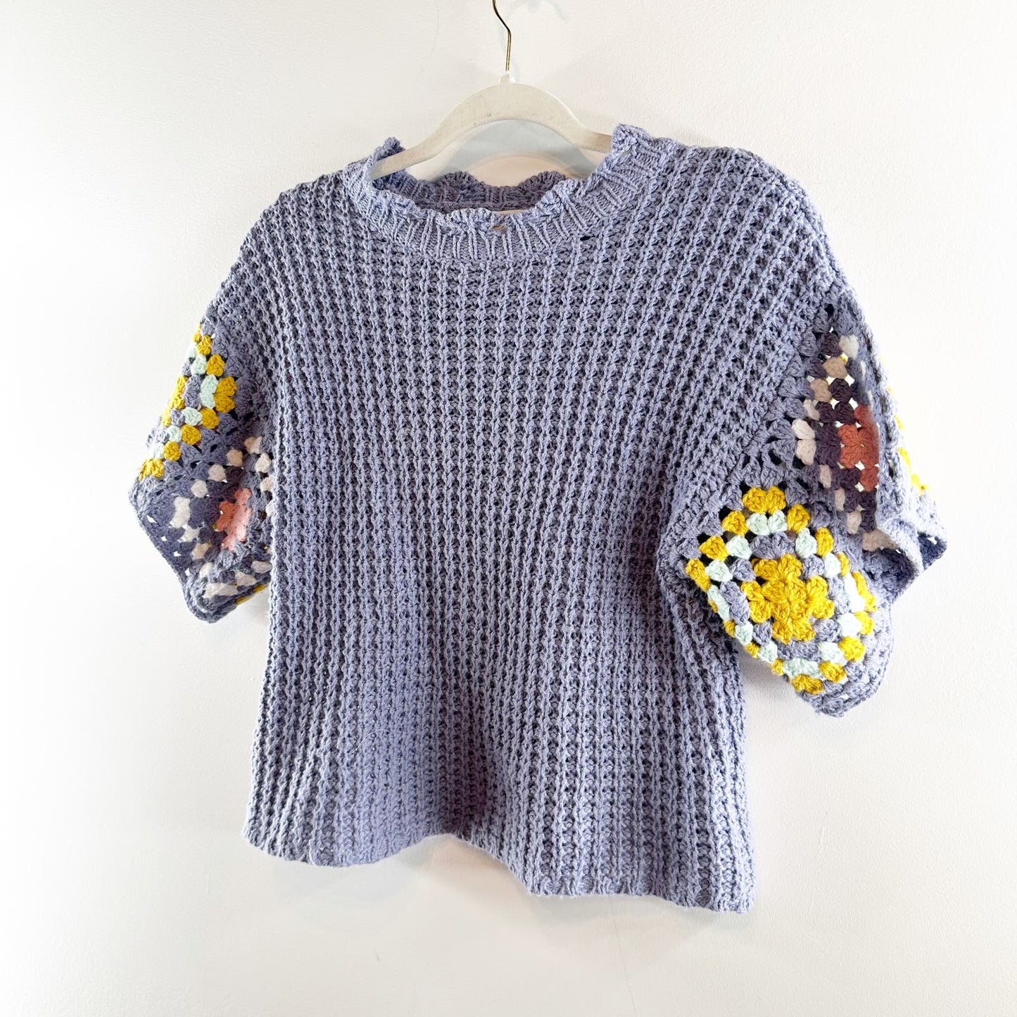Universal Thread Short Sleeve Granny Square Crochet Knit Cropped Sweater Blue S