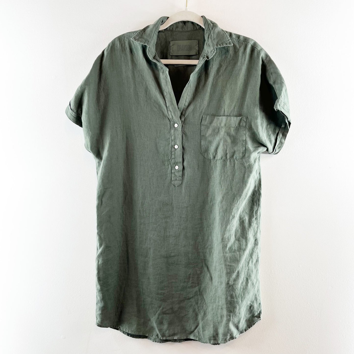 Grayson Linen Short Sleeve Mini Shirt Dress Green 2 / Small