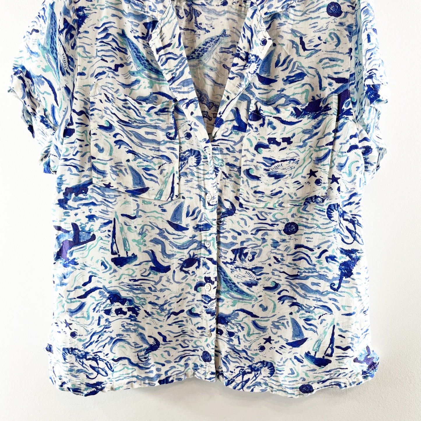 Maeve Anthropologie Short Sleeve Linen Blend Surf Shirt Blue XL