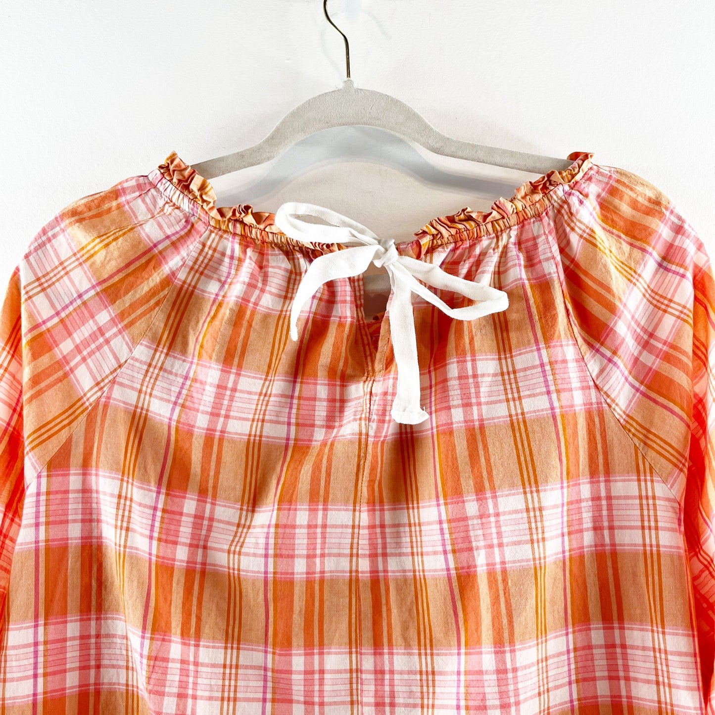 j. Crew Long Sleeve Ruffle Tie Back Plaid Cotton Blouse Top Orange Pink Large