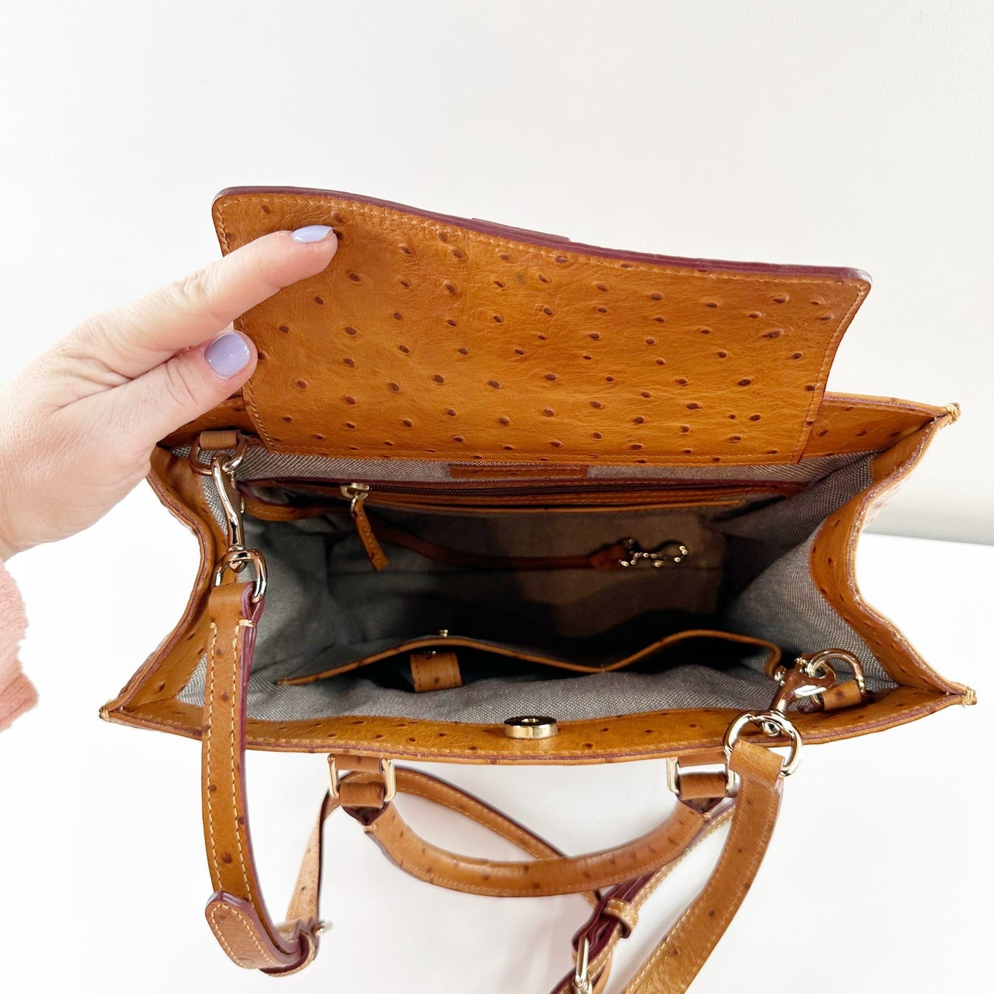 Dooney & Bourke Ostrich Square Shopper Barlow Tote Bag Purse Brown Leather