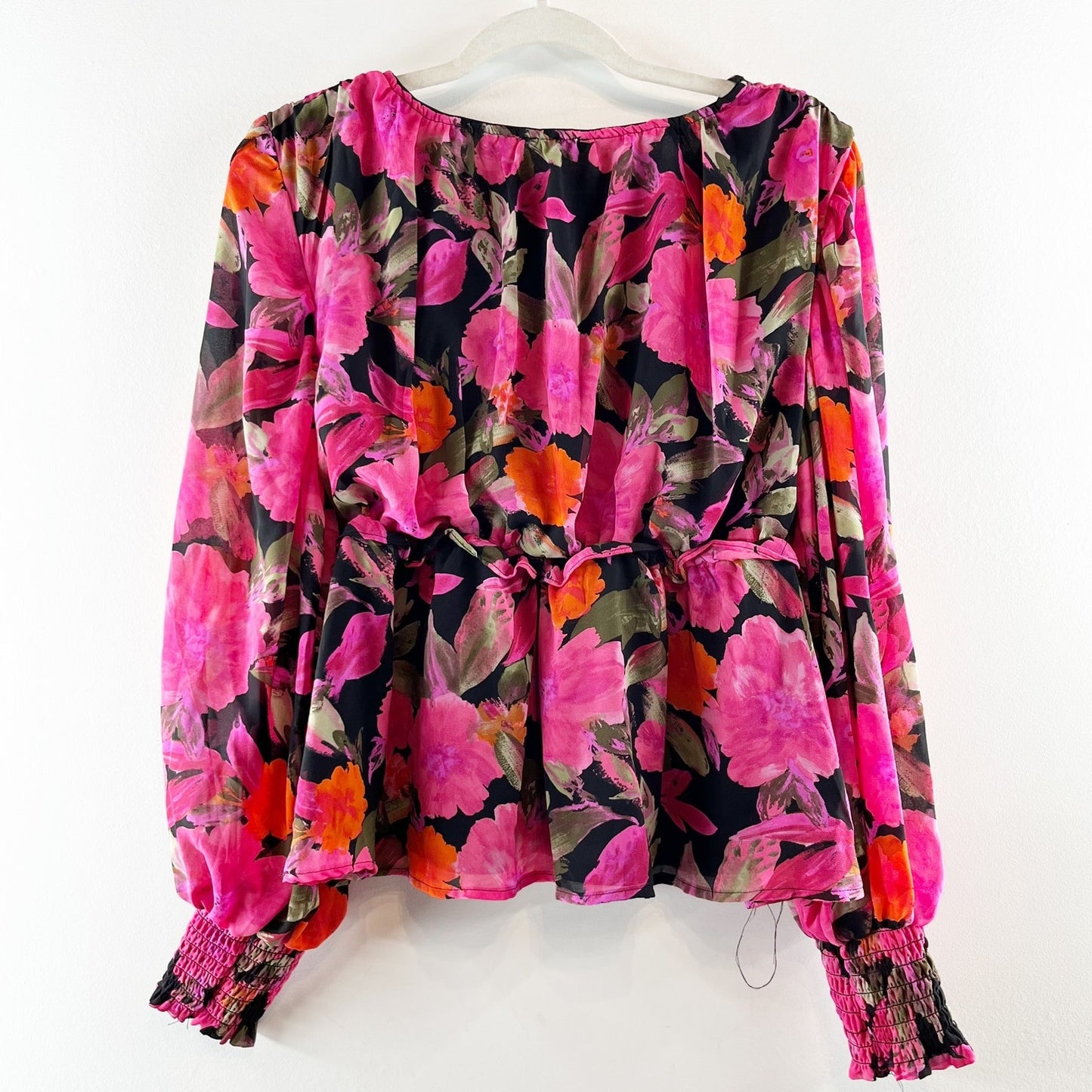 Blu Pepper Floral Print Long Sleeve Ruffle Trim Surplice Neck Blouse Pink Large