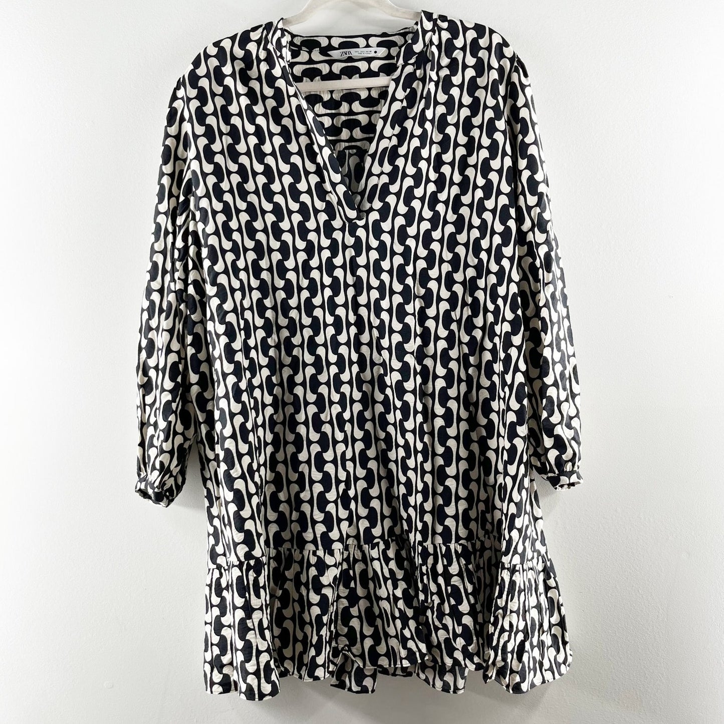 ZARA The Paula Long Sleeve Geometric Babydoll Mini Dress Black White Large